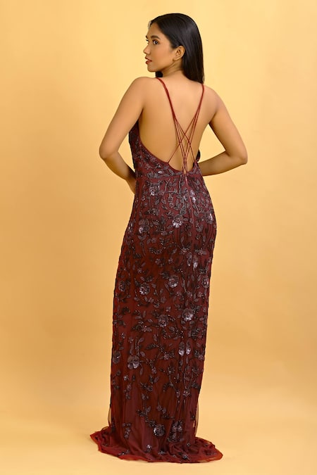 Ambrosia_Maroon Halter Neck Embroidered Gown_at_Aza_Fashions