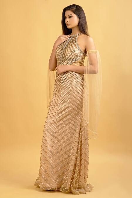 Shop Ambrosia Gold Halter Neck Embroidered Gown Online at Aza Fashions Shop_Ambrosia_Gold Halter Neck Embroidered Gown_Online_at_Aza_Fashions