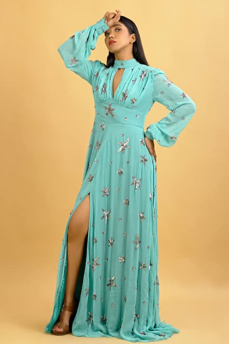 Ambrosia_Blue V Neck Embroidered Gown_Online_at_Aza_Fashions