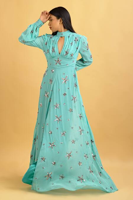 Shop_Ambrosia_Blue V Neck Embroidered Gown_Online_at_Aza_Fashions