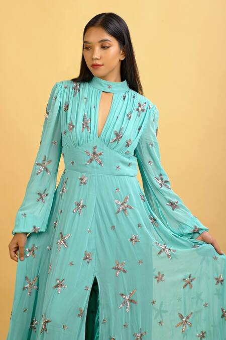 Ambrosia_Blue V Neck Embroidered Gown_at_Aza_Fashions