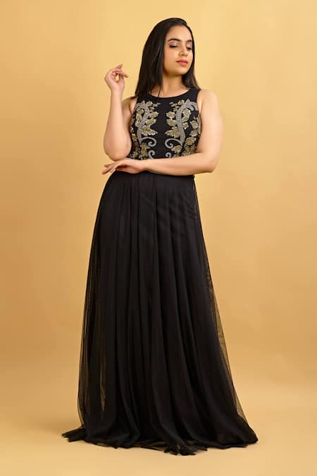 Shop_Ambrosia_Black Round Embroidered Gown_Online_at_Aza_Fashions
