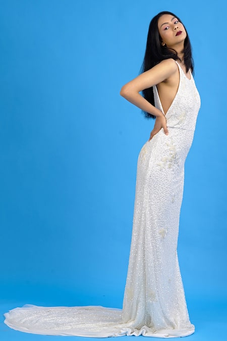 Ambrosia_White Halter Neck Embroidered Gown_Online_at_Aza_Fashions