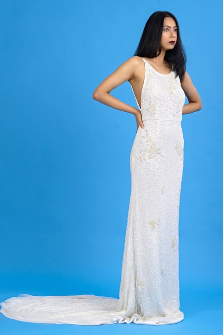 Buy_Ambrosia_White Halter Neck Embroidered Gown_Online_at_Aza_Fashions