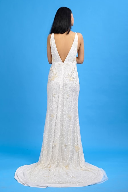 Shop_Ambrosia_White Halter Neck Embroidered Gown_Online_at_Aza_Fashions
