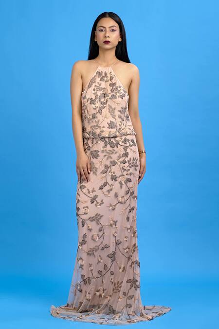 Buy Peach Embroidery Halter Neck Gown For Women by Ambrosia Online