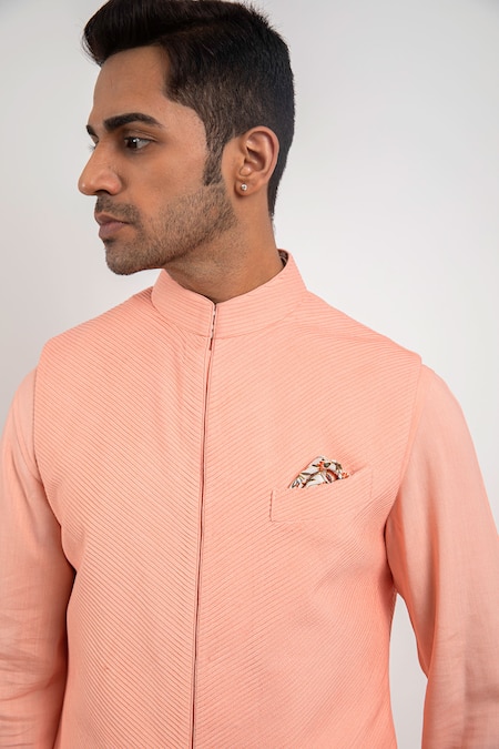 Arjan Dugal_Peach Sustainable Silk Viscose Pintuck Bundi _Online_at_Aza_Fashions