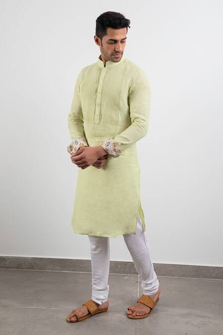 Arjan Dugal_Green Linen Pintuck Kurta Set_Online_at_Aza_Fashions