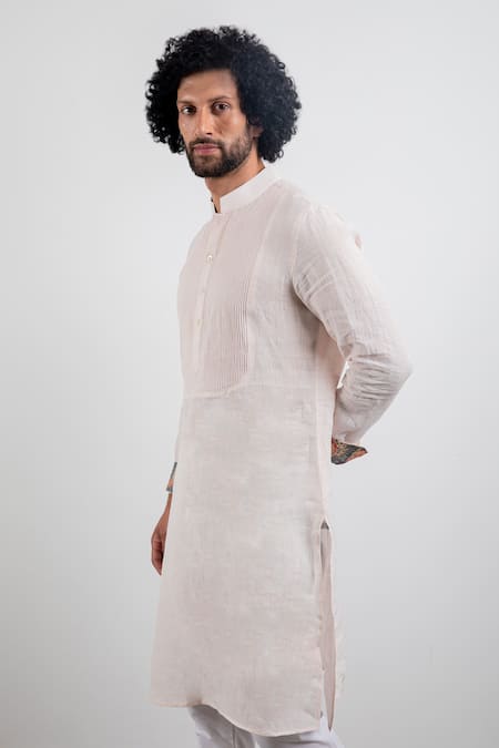 Arjan Dugal_Pink Linen Pintuck Kurta Set_Online_at_Aza_Fashions