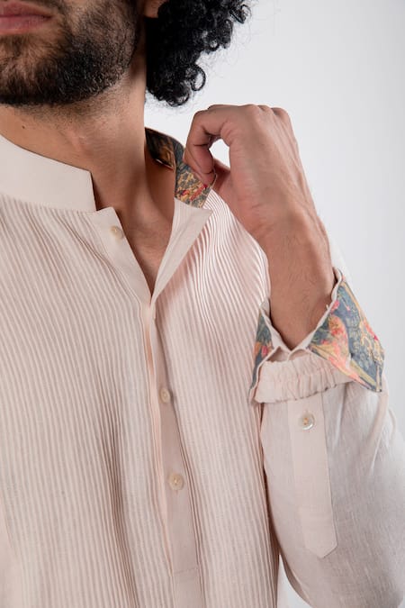 Buy_Arjan Dugal_Pink Linen Pintuck Kurta Set_Online_at_Aza_Fashions