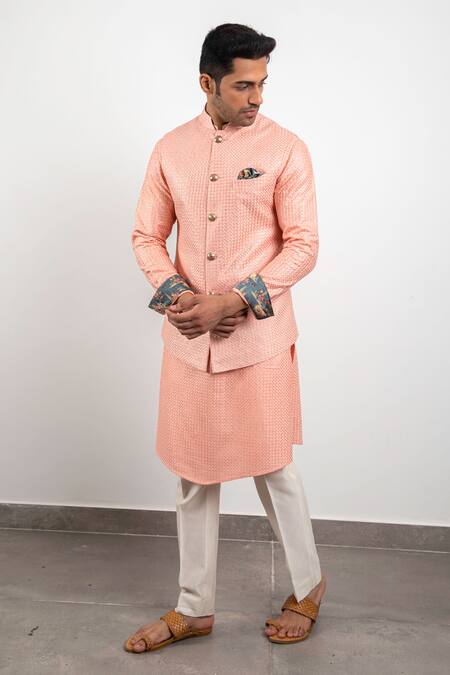Arjan Dugal Peach Chanderi Silk Bundi