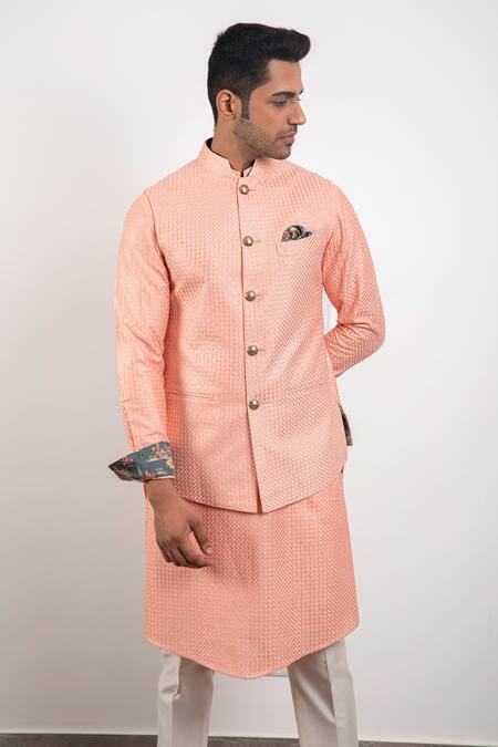 Arjan Dugal_Peach Chanderi Silk Bundi_Online_at_Aza_Fashions