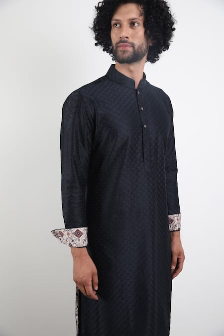 Arjan Dugal_Blue Chanderi Silk Kurta Set_Online_at_Aza_Fashions