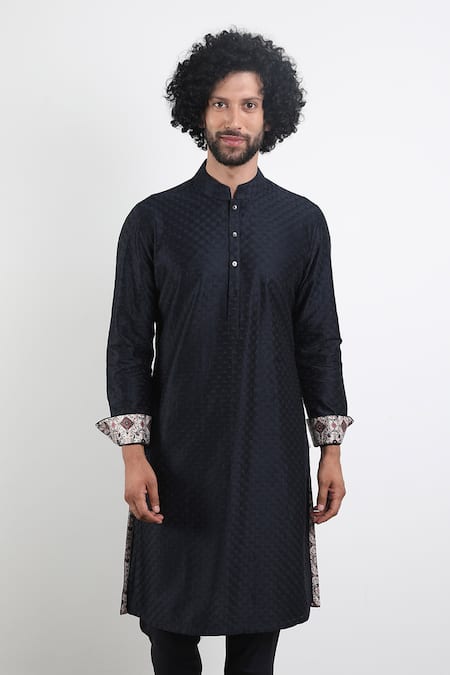 Buy_Arjan Dugal_Blue Chanderi Silk Kurta Set_Online_at_Aza_Fashions