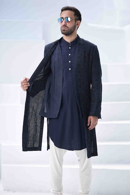 Arjan Dugal_Blue Handloom Cotton, Silk Viscose Jacket And Kurta Set_Online_at_Aza_Fashions