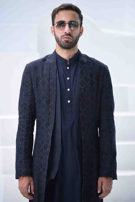 Buy_Arjan Dugal_Blue Handloom Cotton, Silk Viscose Jacket And Kurta Set_Online_at_Aza_Fashions