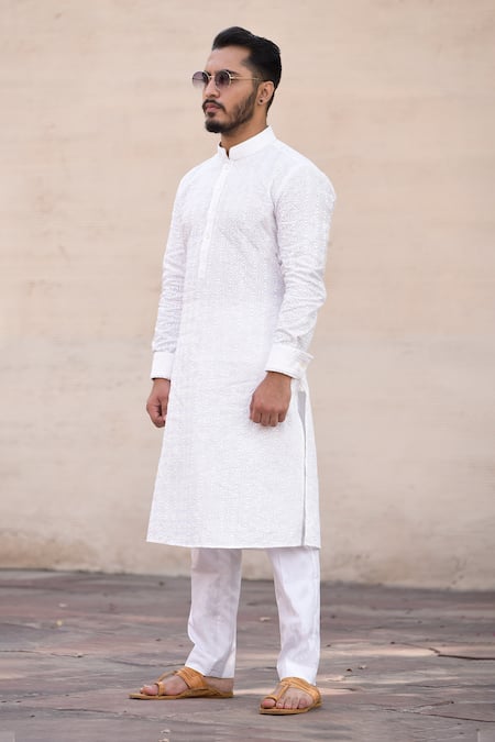 Arjan Dugal_White Linen, Poplin Embroidered Kurta Set _Online_at_Aza_Fashions