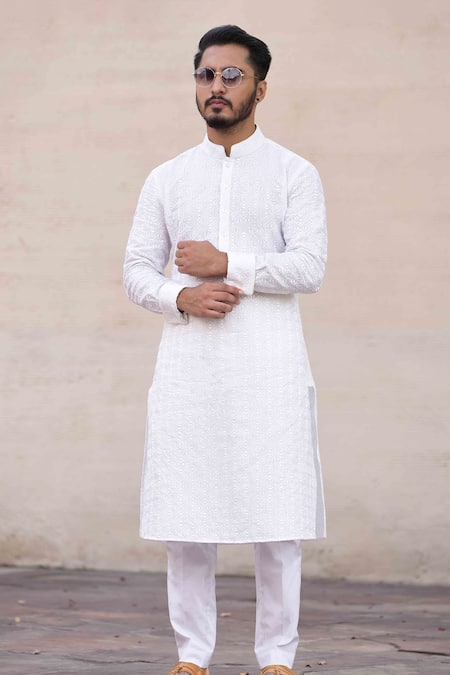 Buy_Arjan Dugal_White Linen, Poplin Embroidered Kurta Set _Online_at_Aza_Fashions