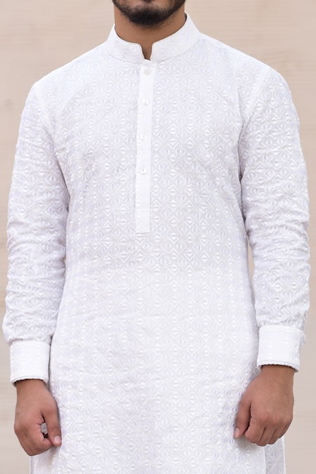 Shop_Arjan Dugal_White Linen, Poplin Embroidered Kurta Set _Online_at_Aza_Fashions