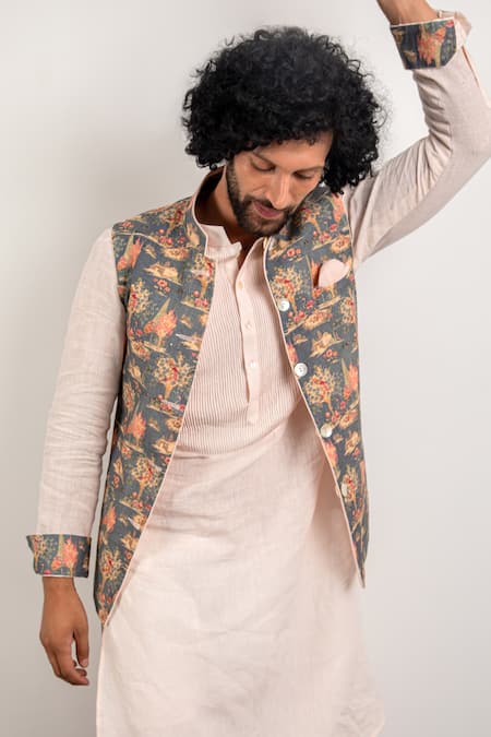 Arjan Dugal_Grey Linen Reversible Nehru Jacket_Online_at_Aza_Fashions