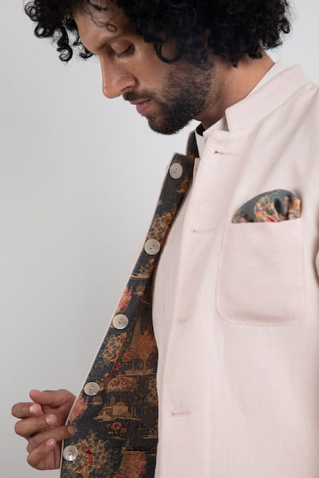 Shop_Arjan Dugal_Grey Linen Reversible Nehru Jacket_Online_at_Aza_Fashions
