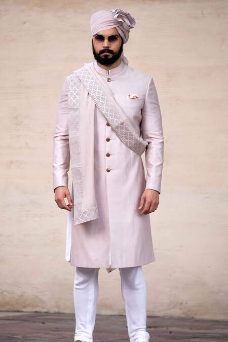 Arjan Dugal_Grey Chanderi Silk Sherwani Set _Online_at_Aza_Fashions