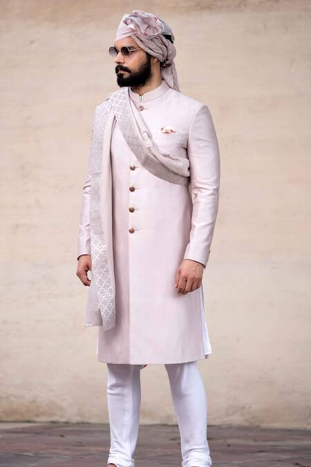 Buy_Arjan Dugal_Grey Chanderi Silk Sherwani Set _Online_at_Aza_Fashions