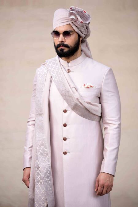 Shop_Arjan Dugal_Grey Chanderi Silk Sherwani Set _Online_at_Aza_Fashions