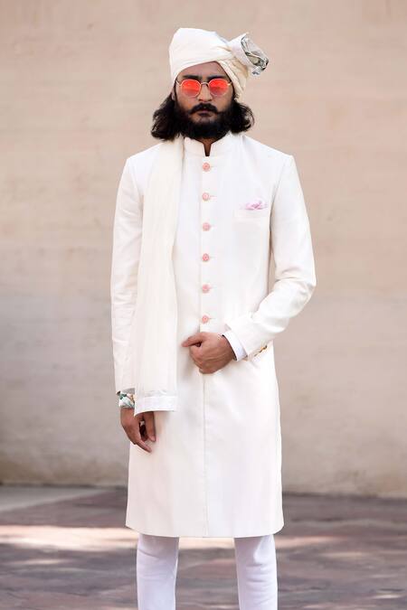 Arjan Dugal_White Chanderi Silk Sherwani Set _Online_at_Aza_Fashions