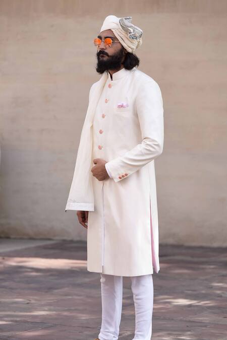 Buy_Arjan Dugal_White Chanderi Silk Sherwani Set _Online_at_Aza_Fashions