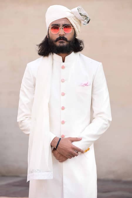Shop_Arjan Dugal_White Chanderi Silk Sherwani Set _Online_at_Aza_Fashions