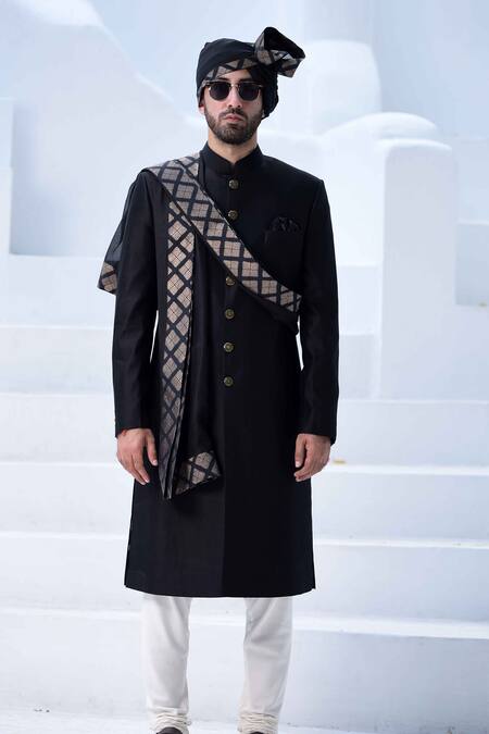 Arjan Dugal_Black Chanderi Silk Sherwani Set _Online_at_Aza_Fashions