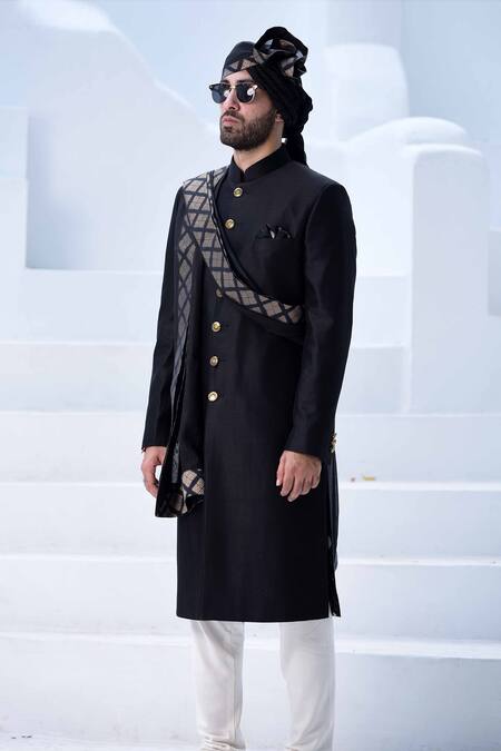 Buy_Arjan Dugal_Black Chanderi Silk Sherwani Set _Online_at_Aza_Fashions