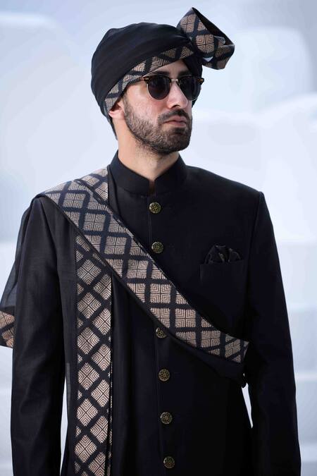 Shop_Arjan Dugal_Black Chanderi Silk Sherwani Set _Online_at_Aza_Fashions