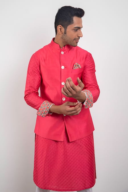 Arjan Dugal_Pink Chanderi Silk Handwoven Nehru Jacket _Online_at_Aza_Fashions
