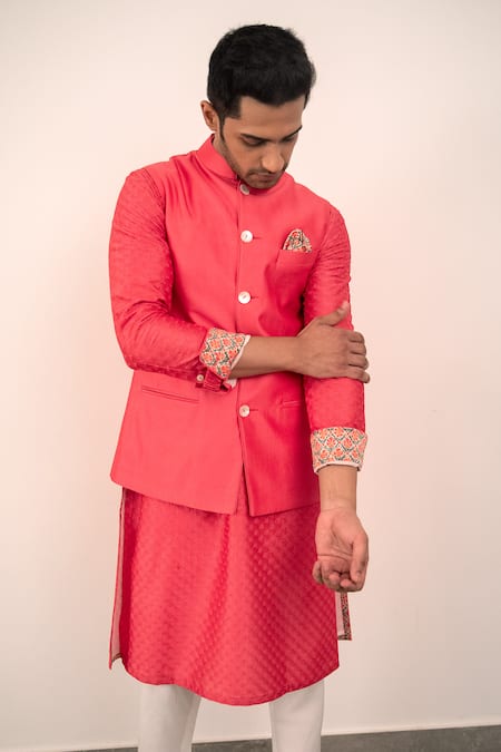 Buy_Arjan Dugal_Pink Chanderi Silk Handwoven Nehru Jacket _Online_at_Aza_Fashions