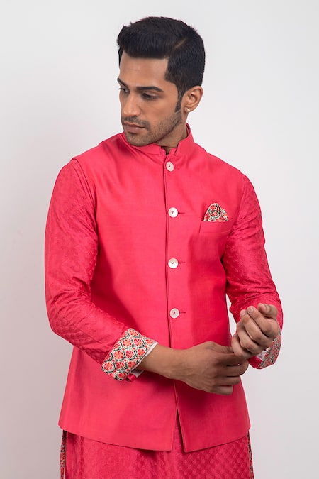 Shop_Arjan Dugal_Pink Chanderi Silk Handwoven Nehru Jacket _Online_at_Aza_Fashions