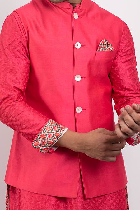 Arjan Dugal_Pink Chanderi Silk Handwoven Nehru Jacket _at_Aza_Fashions