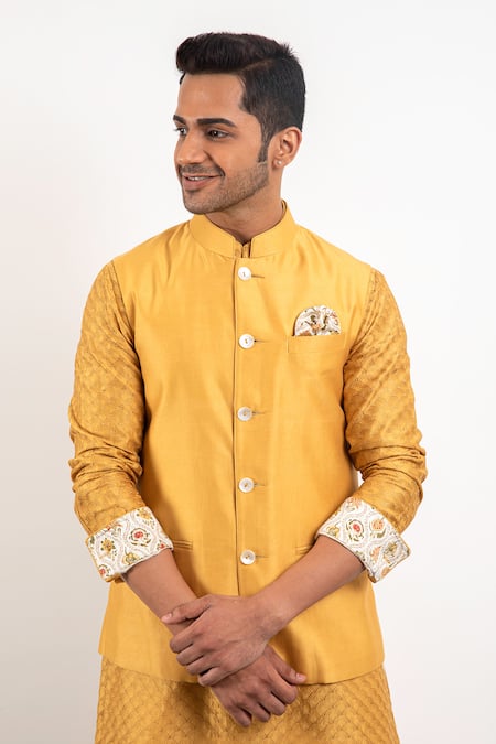 Arjan Dugal Yellow Chanderi Silk Handwoven Nehru Jacket 