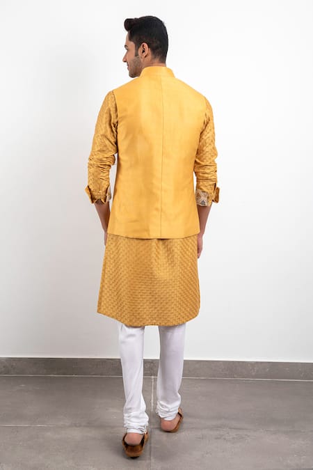 Shop Arjan Dugal Yellow Chanderi Silk Handwoven Nehru Jacket at Aza Fashions Shop_Arjan Dugal_Yellow Chanderi Silk Handwoven Nehru Jacket _at_Aza_Fashions