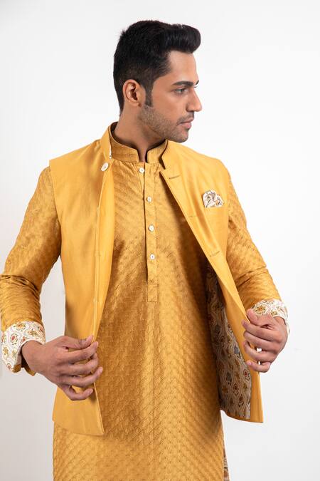 Arjan Dugal Yellow Chanderi Silk Handwoven Nehru Jacket Online at Aza Fashions Arjan Dugal_Yellow Chanderi Silk Handwoven Nehru Jacket _Online_at_Aza_Fashions