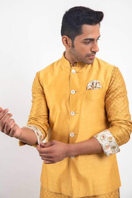 Buy Arjan Dugal Yellow Chanderi Silk Handwoven Nehru Jacket Online at Aza Fashions Buy_Arjan Dugal_Yellow Chanderi Silk Handwoven Nehru Jacket _Online_at_Aza_Fashions