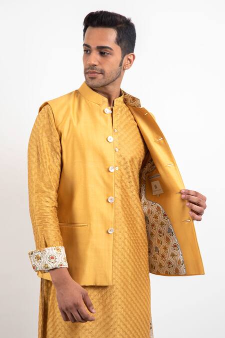 Shop Arjan Dugal Yellow Chanderi Silk Handwoven Nehru Jacket Online at Aza Fashions Shop_Arjan Dugal_Yellow Chanderi Silk Handwoven Nehru Jacket _Online_at_Aza_Fashions
