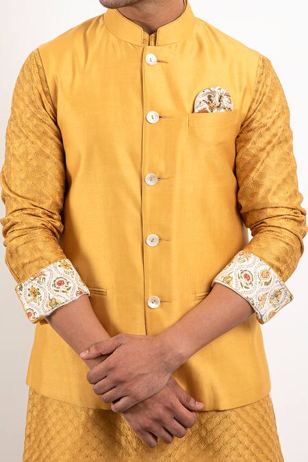 Arjan Dugal Yellow Chanderi Silk Handwoven Nehru Jacket at Aza Fashions Arjan Dugal_Yellow Chanderi Silk Handwoven Nehru Jacket _at_Aza_Fashions