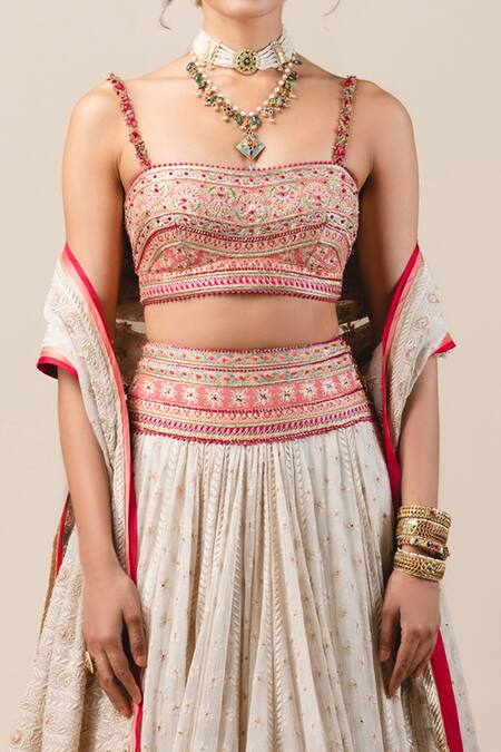 Tarun Tahiliani_White Lehnega Chiffon Blouse Silk Chikankari Hand Painted Bridal Lehenga Set_Online_at_Aza_Fashions