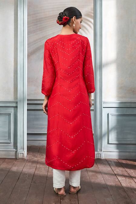 Shop Anita Dongre Red 100 % Silk Bandhani Pattern Keyhole Kunisha Kurta at Aza Fashions Shop_Anita Dongre_Red 100 % Silk Bandhani Pattern Keyhole Kunisha Kurta_at_Aza_Fashions