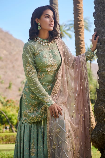 Sahil Kochhar Green Silk Organza Round Adab Kurta And Sharara Set  