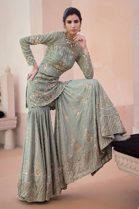 Shop_Sahil Kochhar_Green Tulle, Silk Organza Round Adab Kurta And Sharara Set _at_Aza_Fashions