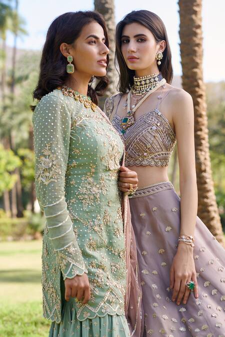Sahil Kochhar_Green Tulle, Silk Organza Round Adab Kurta And Sharara Set _Online_at_Aza_Fashions