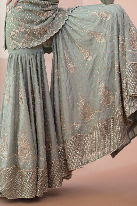 Shop_Sahil Kochhar_Green Tulle, Silk Organza Round Adab Kurta And Sharara Set _Online_at_Aza_Fashions